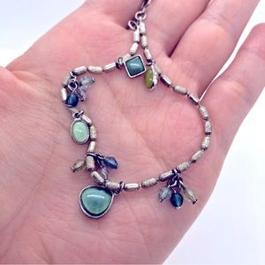 Silver Tone Beaded & Charm Bracelet Textured Beads Blues & Greens
